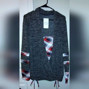 Grey and red plaid drawstring-ruched layered women's top XL